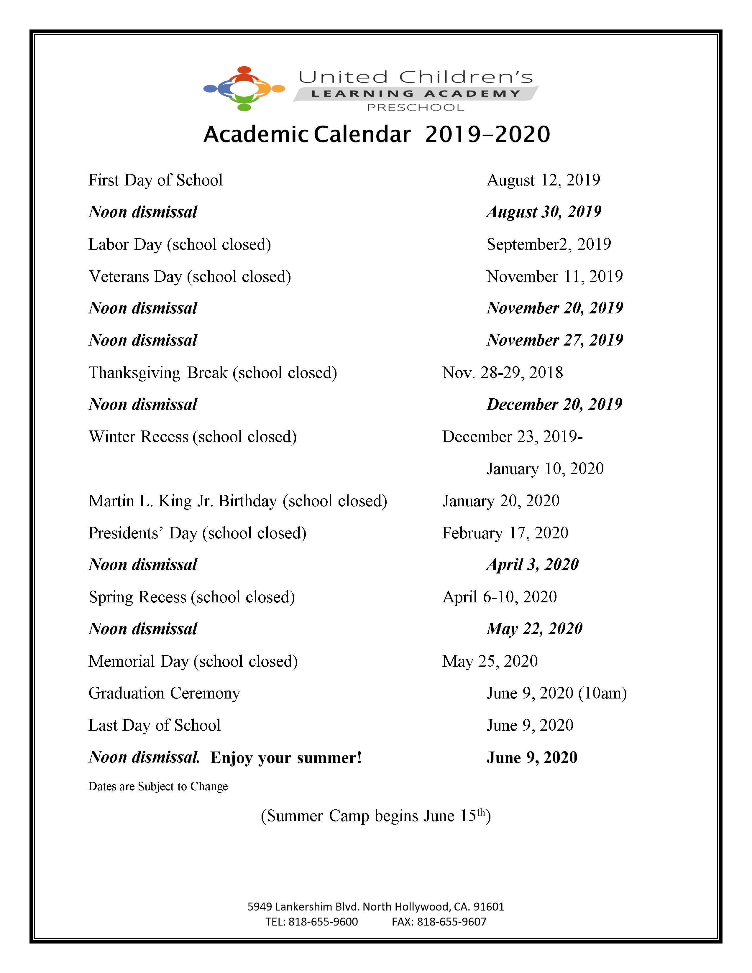 United Children's Learning Academy Calendar